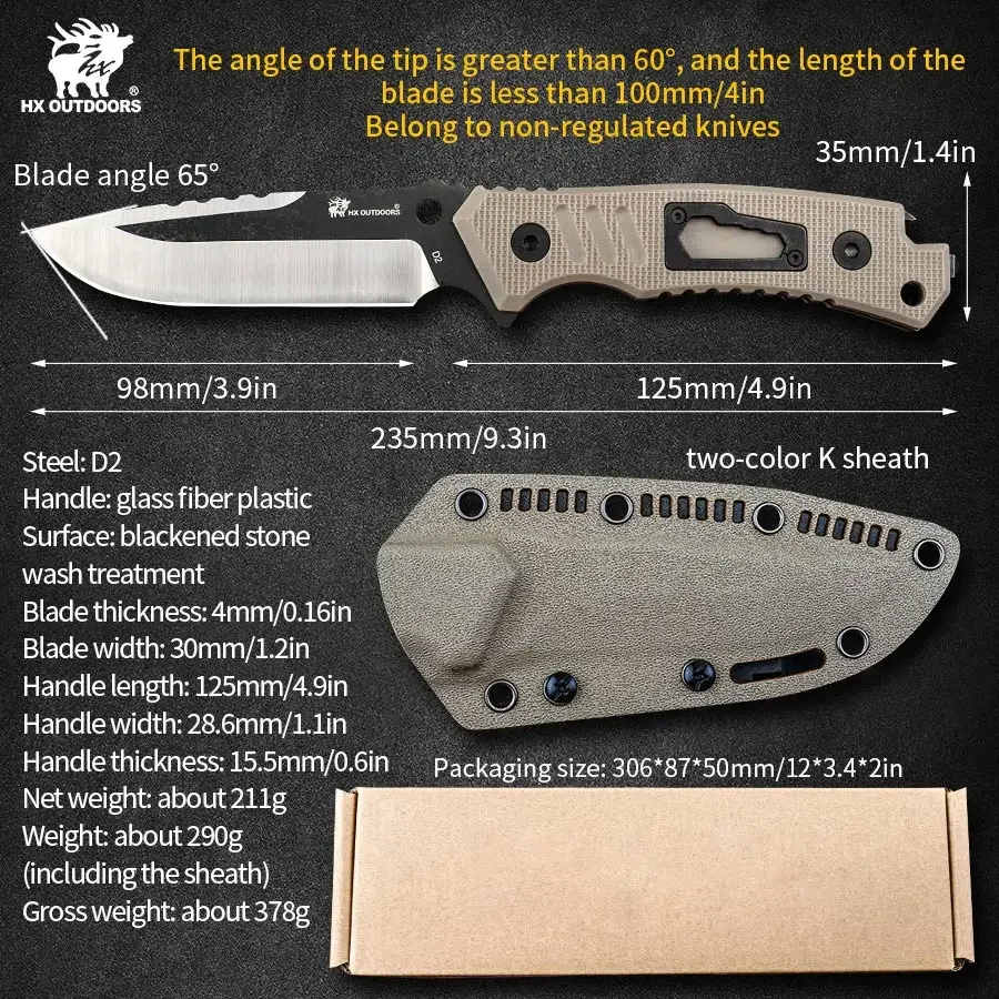 HX OUTDOORS Fixed Blade Knife Infantry Full Tang  D2 Blade 59HRC Camping Hunting Survival Tourist Knife Outdoor Tools