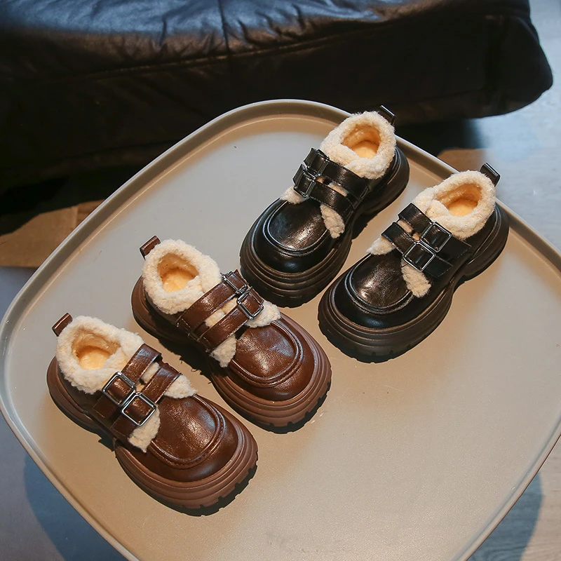 

2025 Winter New Children Leather Cotton Shoes for Girl Fashion Korean Style Soft Bottom Anti-slippery Versatile Princess Loafers