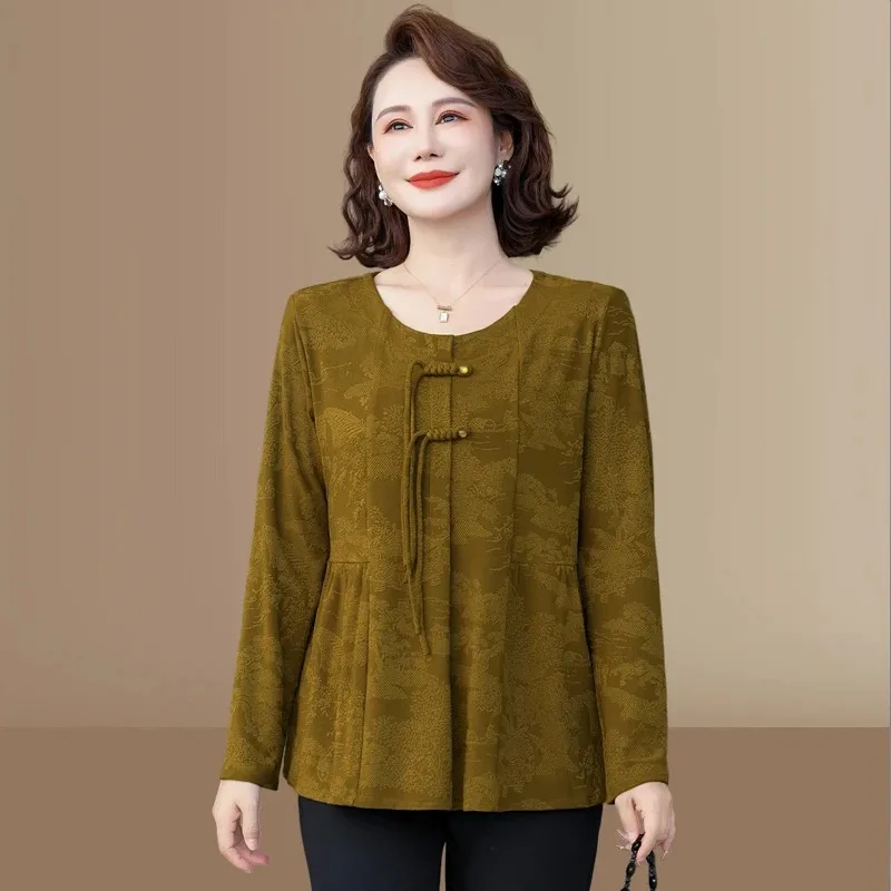 Women Mom Style New Chinese Jacquard Top Round Neck Long Sleeve Retro Casual Blouse For Autumn