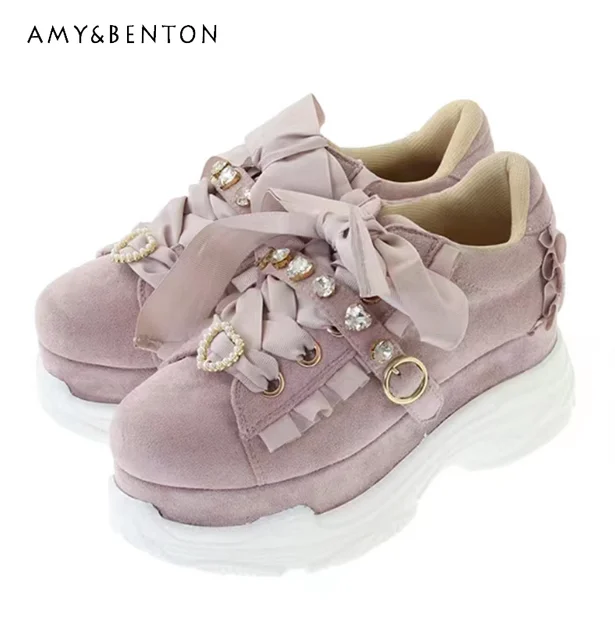 

Japanese Lolita Autumn New Peach Heart Pearl Lace Up Casual Platform Sports Shoes Women Students Thick Bottom Soft Sweet Shoes