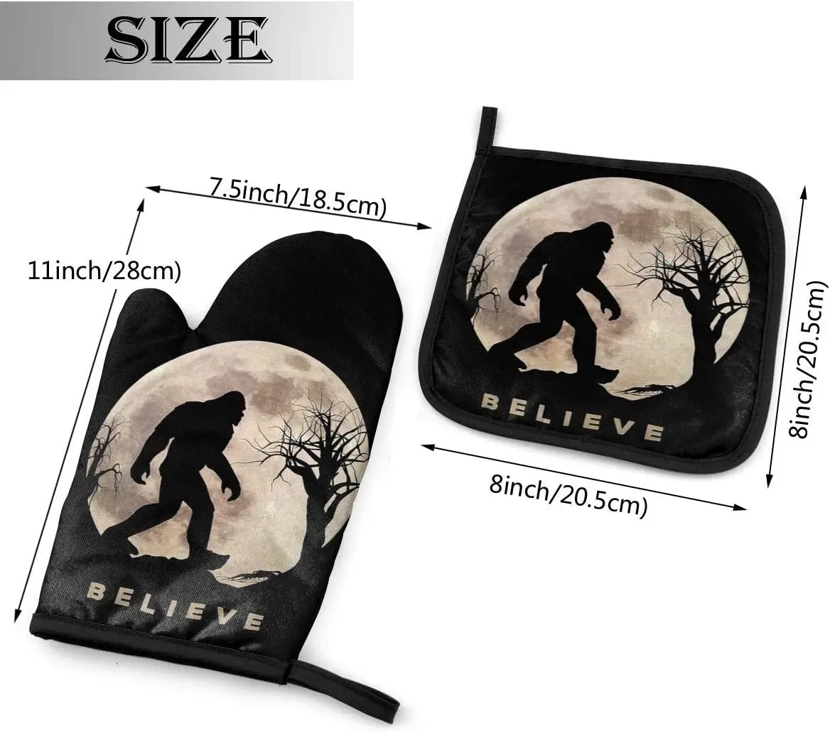 Funny Bigfoot Sasquatch Full Moon Heat Resistant Hot Oven Mitts & Pot Holders for Kitchen Gift Set Oven Gloves for BBQ Cooking