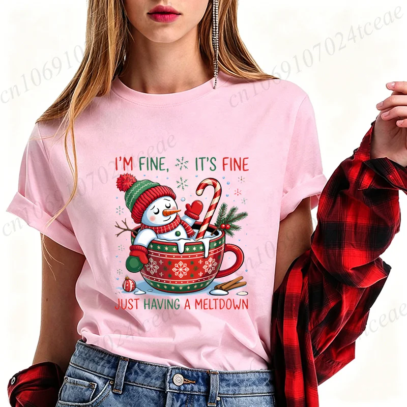 I'm Fine It's Fine Snowman Shirt Funny Christmas T‑shirt Women Winter Holiday Graphic T-Shirts Tops Sarcastic Xmas Gift Shirt