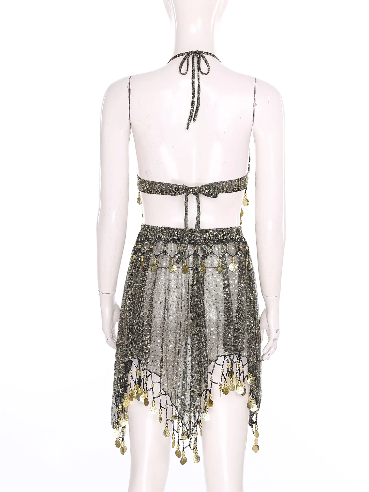 Womens Sequined Belly Outfits Crisp Sound Maker Tassel Sheer Mesh Lace-up Crop Top And Irregular Hem Skirt for Dancewear