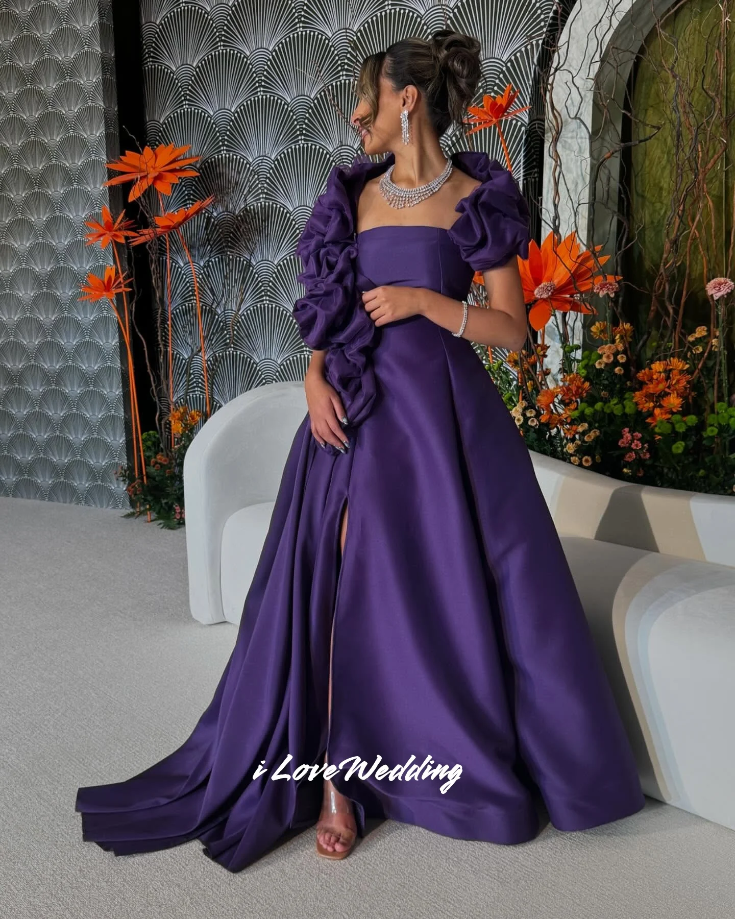 

Purple Strapless Evening Dress 2025 Satin Shawl A-line Side Split Floor-Length Sweep Train Pleat Wedding Party Dress Customized