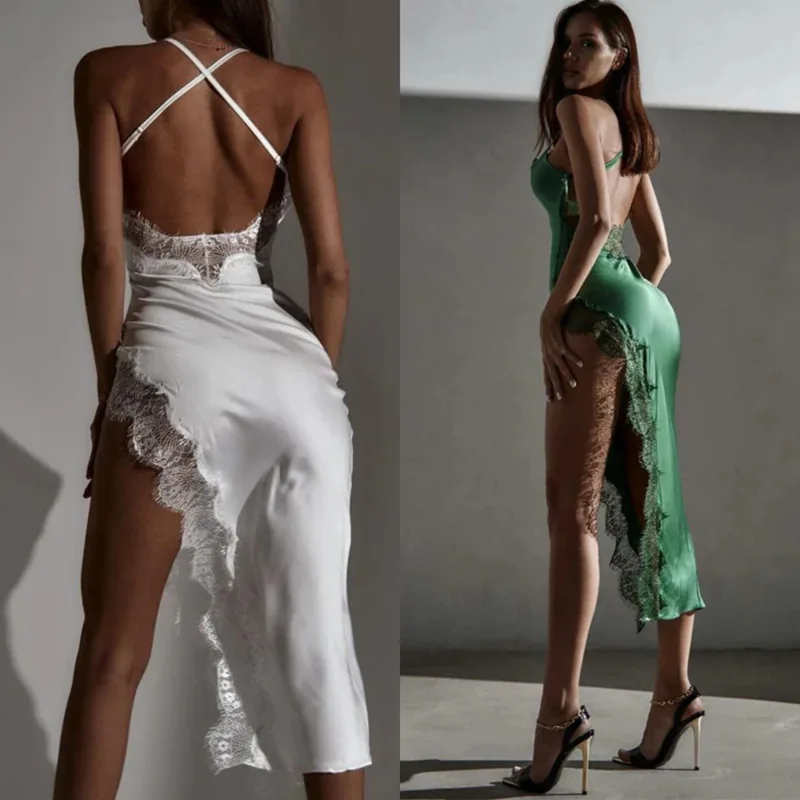

Chic Women's Lace Backless Bodycon Club Dress Black Satin Spaghetti Strap Midi Outfit 2025 Sexy Partywear For Summer Or Evening
