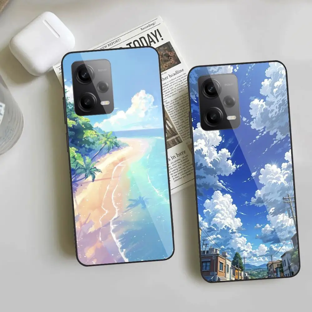 White Cloud Wind Chime Phone Case For Redmi Note 13 Pro Plus 12 11 A3X A1 A2 13C 12C Black Glass Cases