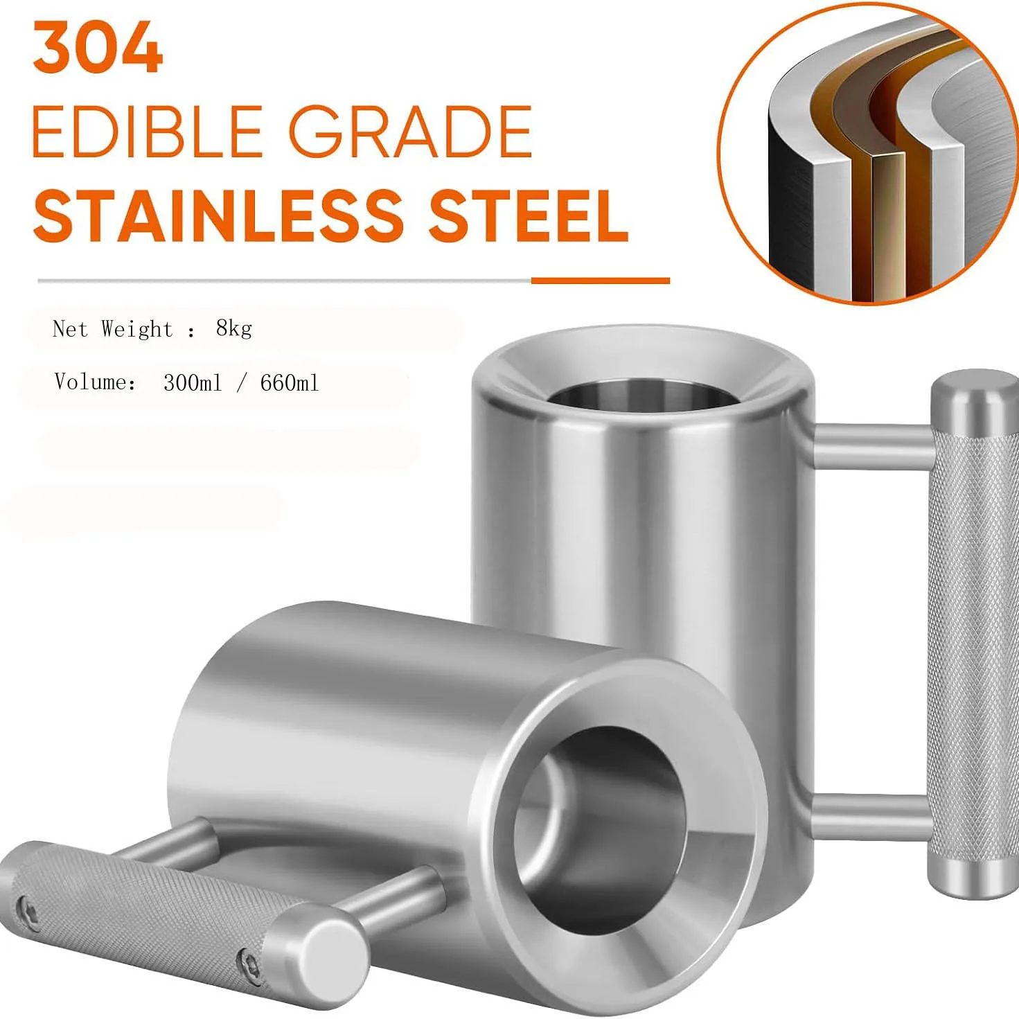 8KG Heavy‑Duty Stainless Steel Weight Training Mug Dumbbell Cup 300ml / 660ml Knurled Anti‑Slip Grip Handle Drink Vessel