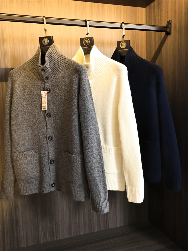 

Модный городской мужской вязаный кардиган, однотонный воротник-стойка, свободный крой, осенне-зимний трикотаж, повседневная модная верхняя одежда