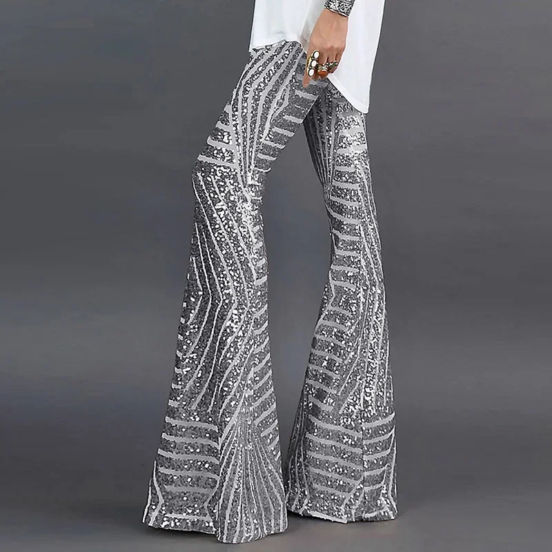 Sequin High Waist Skinny Flare Pants Streetwear Wild Basic Slim 2023 Trend Patchwork Casual Pants Summer New Women\'s Pants