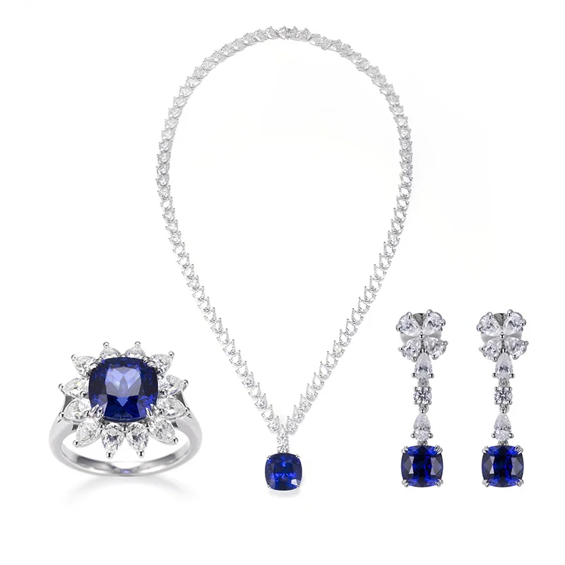 Mishang Jewelry Customization Main Sapphire Side Moissanite 925 Sterling Ring Earring Necklace Set