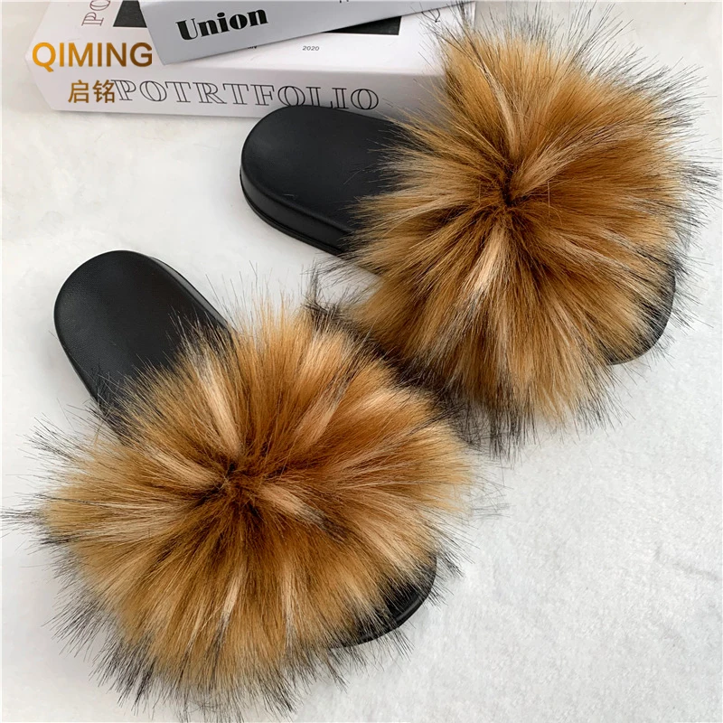 Women\'s Sexy Faux Fur Slippers Plush Furry Fluffy Slippers Outdoor Indoor Flat Platform Shoes Female Casual Flops Woman Slides