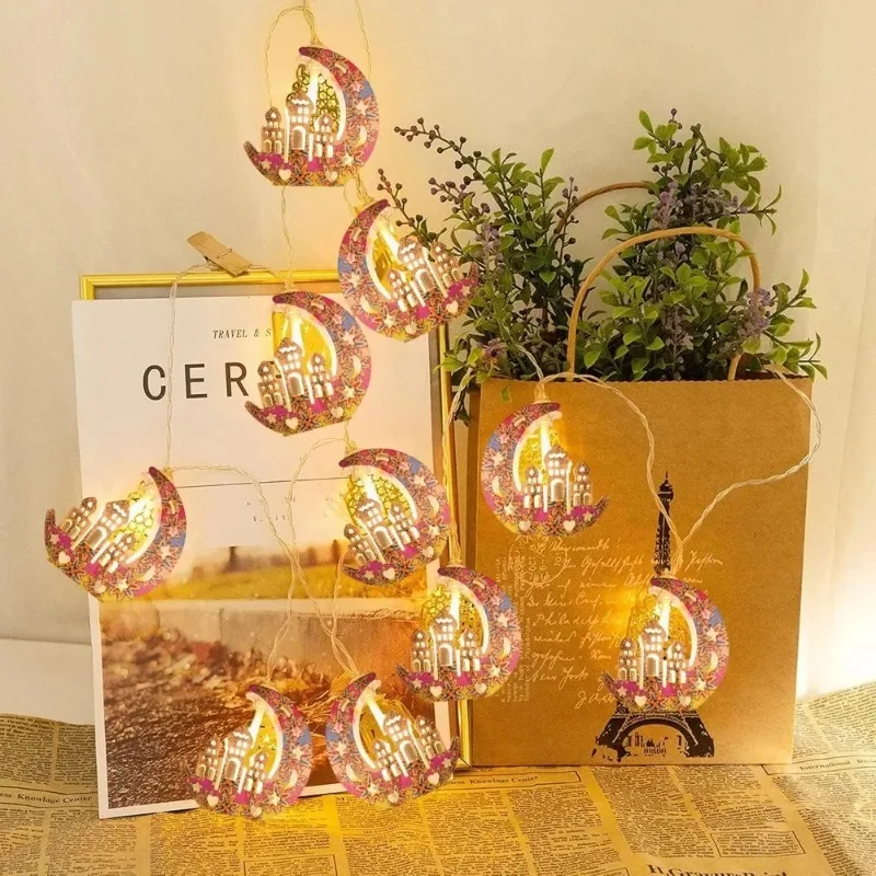 سلسلة إضاءة حديدية لقلعة القمر مبارك رمضان، 2 سلسلة أضواء قمر إسلامية تعمل ببطارية AA، ديكورات رمضان للمنزل