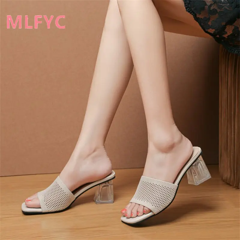 Sandals and slippers ladies wear 2023 new summer square toe square heel high heels women mesh slippers female lazy sandals