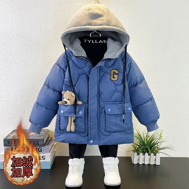 -30℃ Teen Boys Jacket Winter Patchwork Lambskin Waterproof Lining Plus Velvet Thick Warm Hooded Parka For 4-10Y Kids Cotton Coat