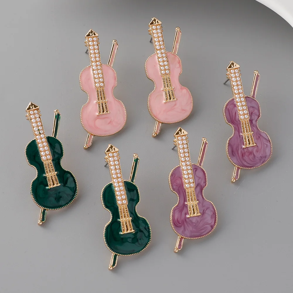 New niche design violin stud earrings women's alloy oil drop pearl earrings women's exaggerated earrings