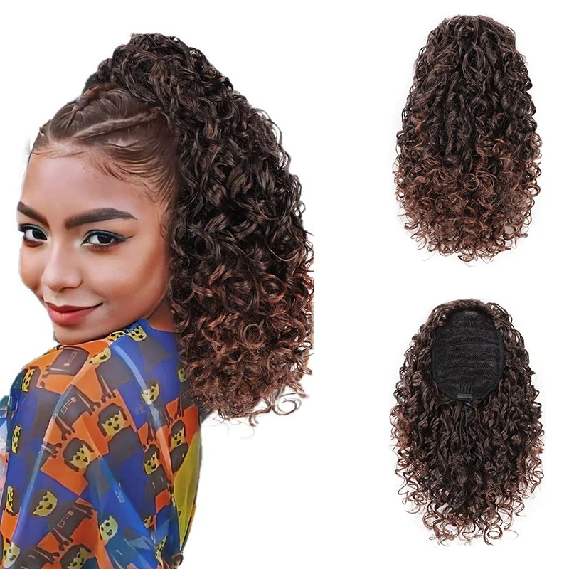 

14inch Drawstring Ponytail Clip in Hair Extension for Women Short Kinky Curly Fluffy Pony Tail Ombre Brown Synthetic Hairpiece