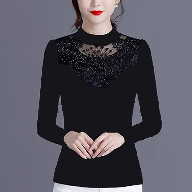 Women Spring Simplicity Slim Fashion Diamonds Lace Half High Collar Long Sleeve T-Shirt Women Clothes Thin Appear Thin Top Tee