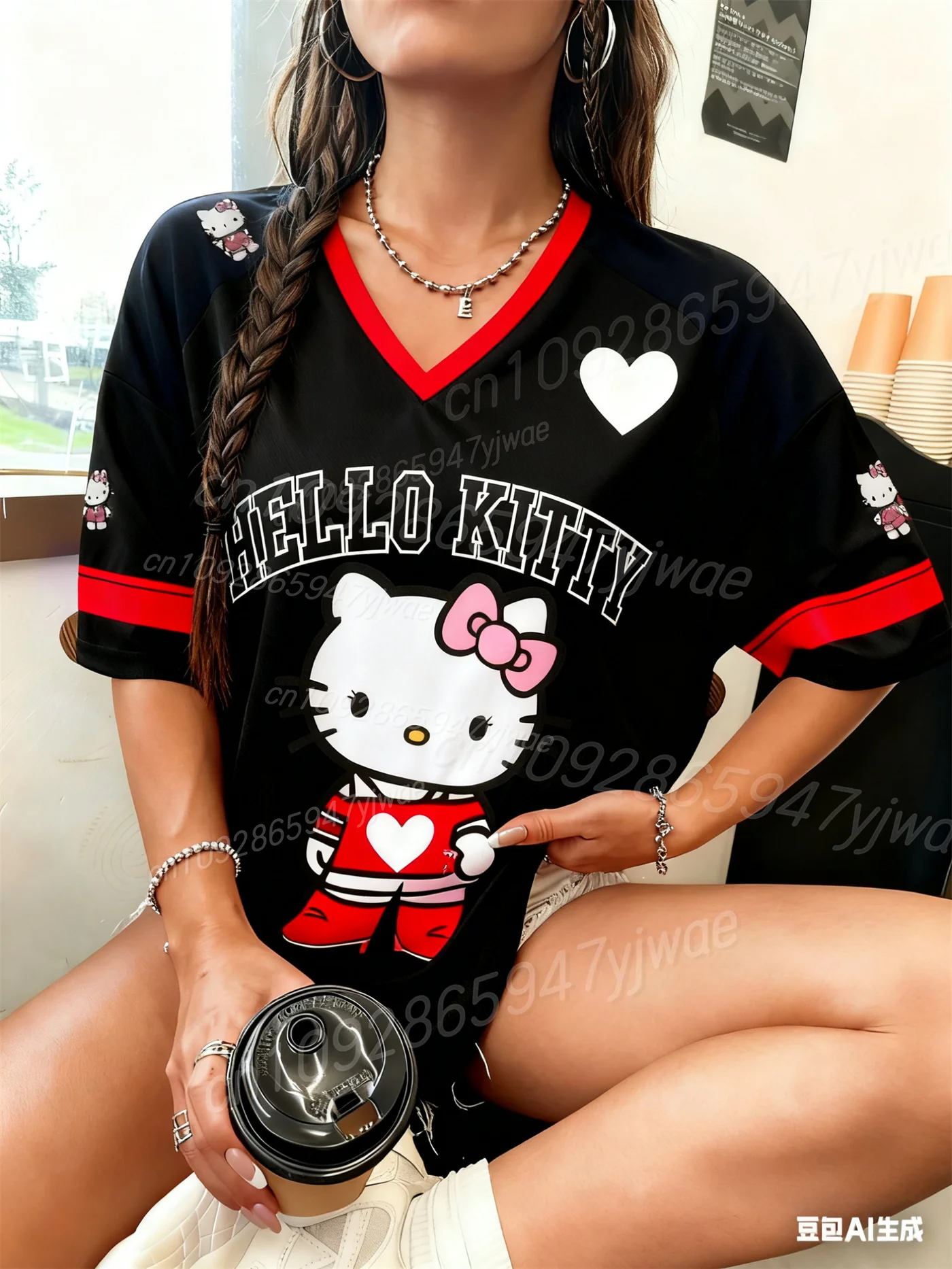 المرأة مرحبا كيتي مطبوعة الجرافيك تي شيرت المألوف قمصان كرة القدم قصيرة الأكمام الخامس الرقبة فضفاضة الشارع الشهير الخريف تي شيرت #2