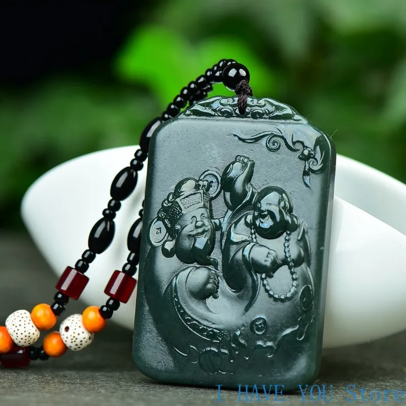 100% Natural Hetian Jade Pendant God of Fortune Buddha Necklace Fashion Peaceful Men and Women Jewelry Free Shipping