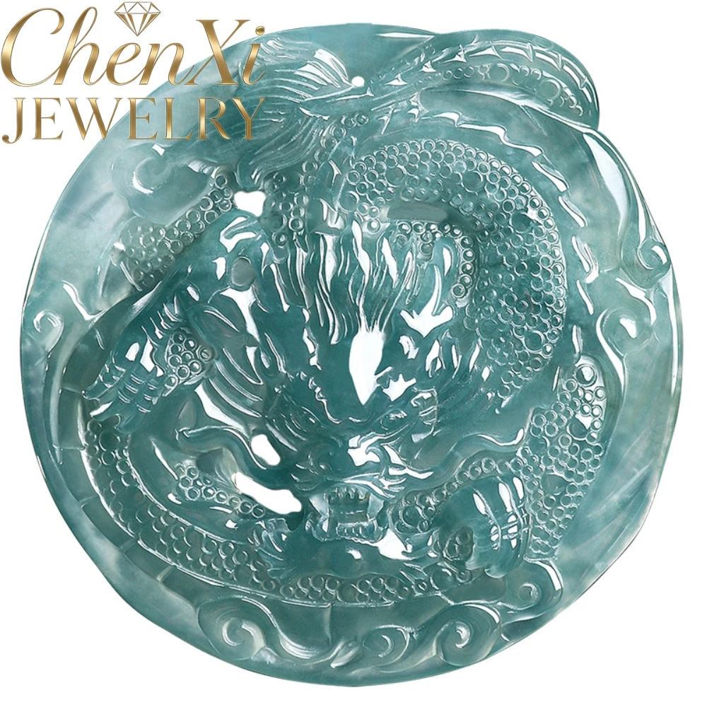High Clarity Ice Blue Water Natural Grade A Jadeite Zodiac Dragon Pendant Hand Sculpted Gift Jewelry Necklace Daily Outfit Gift