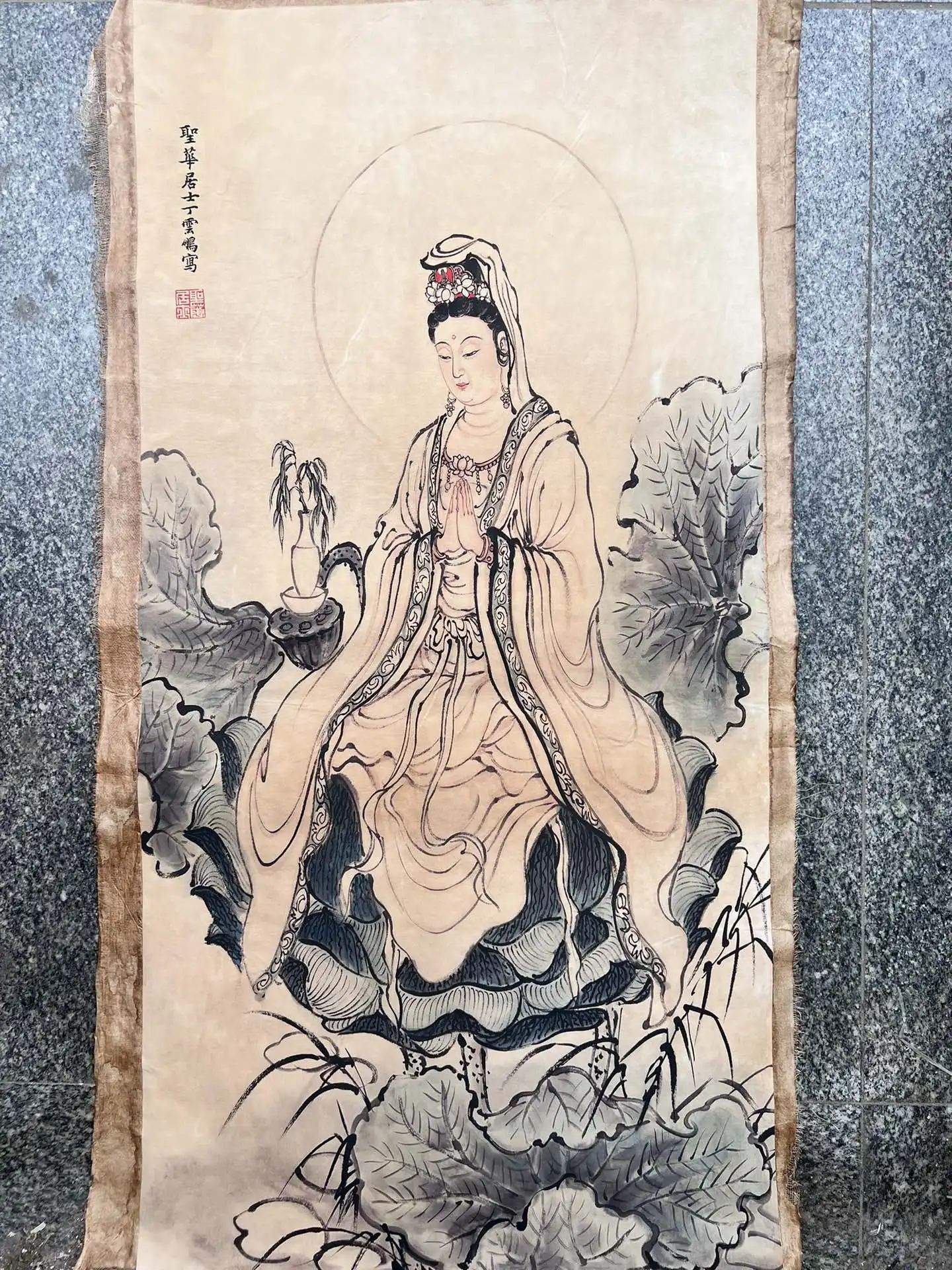 Chinese living room classical rice paper rotten film painting Ding Yunpeng - lotus Avalokitesvara decorative painting