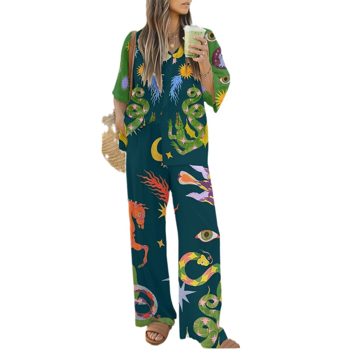 Loose Casual Two-Piece Set Long Pants Seven-Quarter Sve Outfit Large Size Cross-Border ular Spring Faion Set