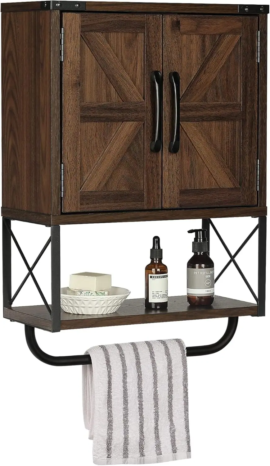 

Farmhouse Rustic Medicine Cabinet with Two Barn Doors, Wood Wall Mounted Storage for Bathroom, Adjustable Shelf and Towel Bar