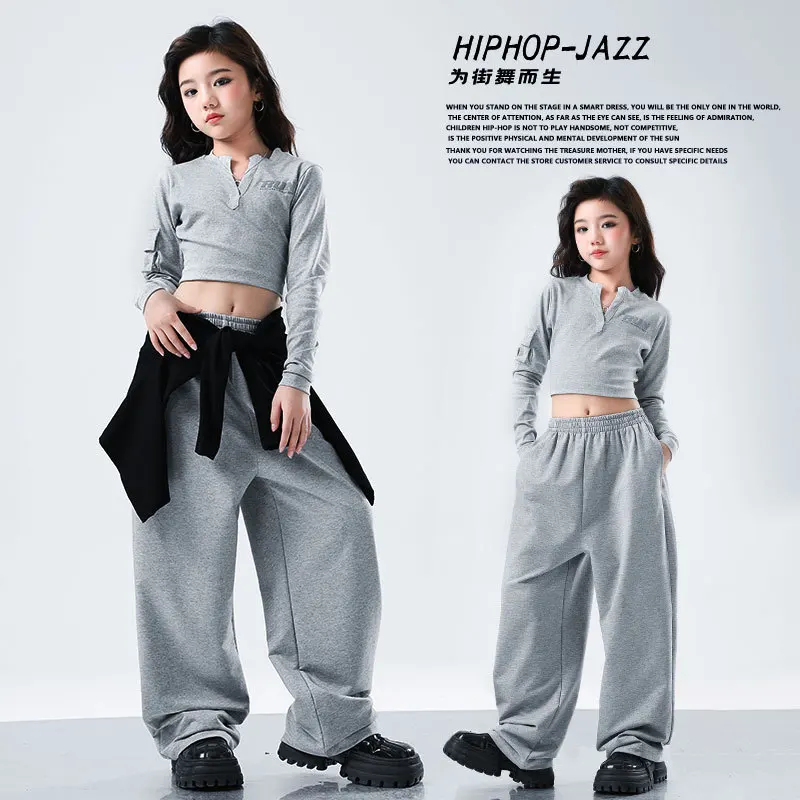 

teen girls hip hop jazz street dance clothes set cover shirt+tops+wide-leg pants 3pcs junior child kids sport pants outfits suit