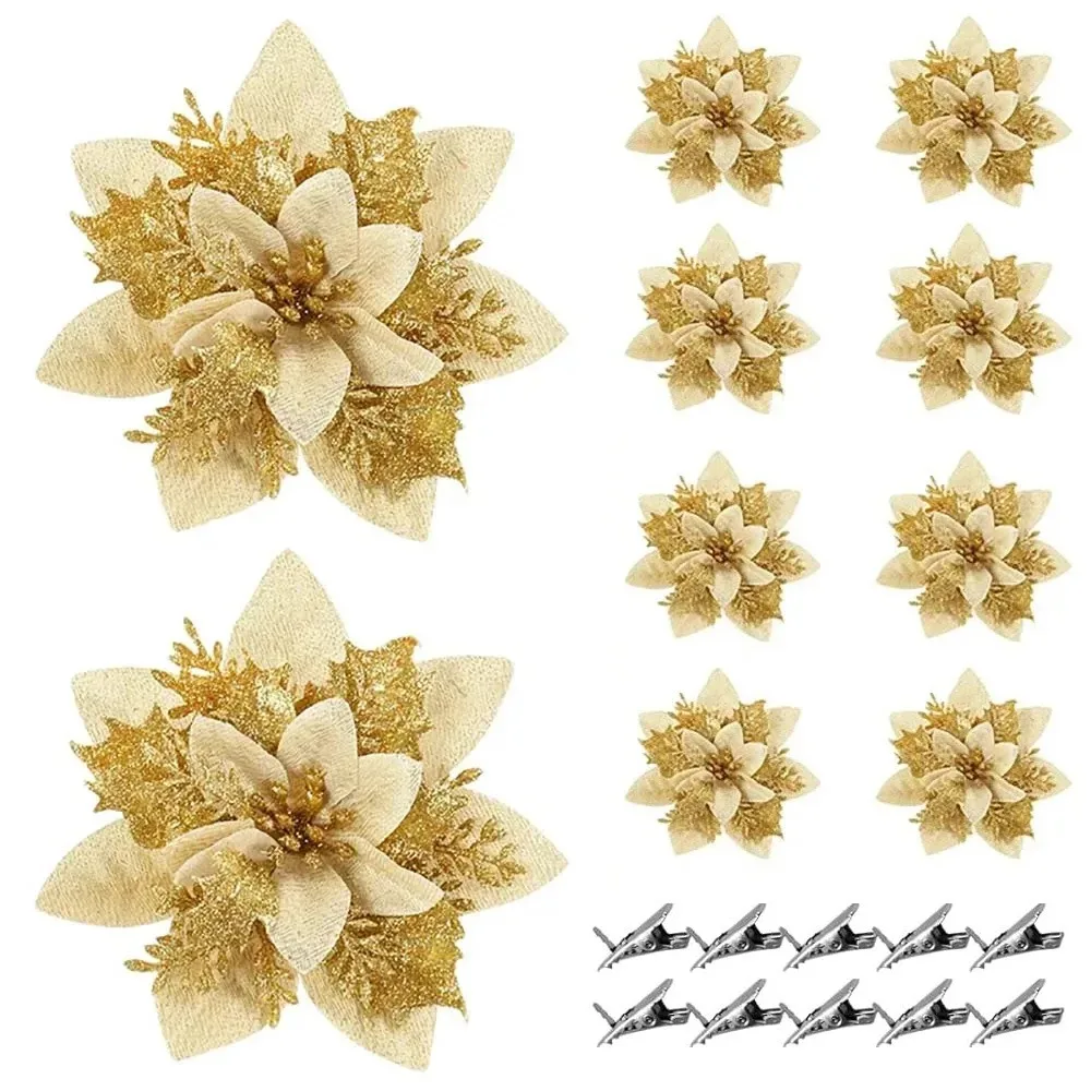 

10Pcs Simulation Artificial Flowers for Christmas Tree with Clips High-quality Christmas Fake Flowers Pendant Easy To Decorate