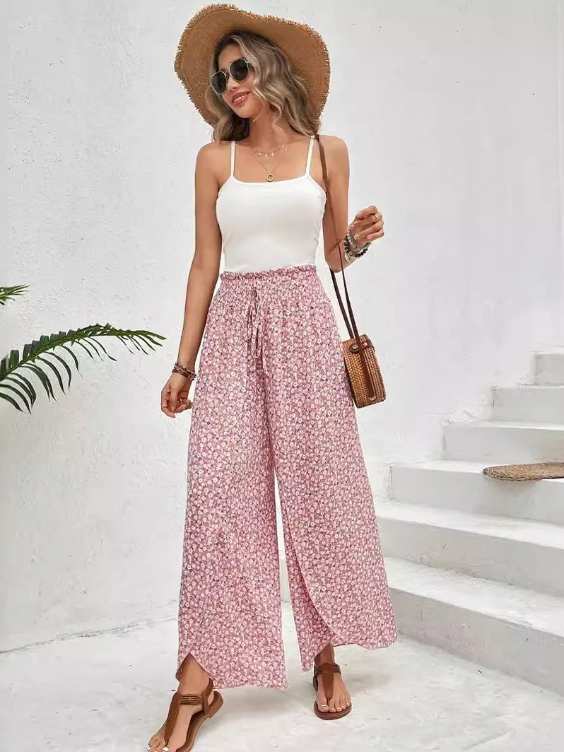 Casual Floral Wide Leg Pants Women's Versatile High Waist Nine Points Loose Fit Trousers Summer Thin Material Chinese Production
