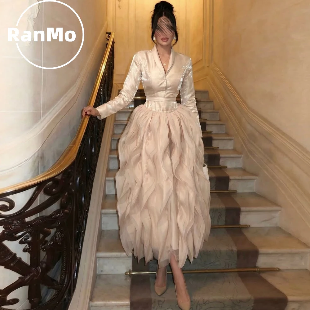 

Ranmo Customized Tulle Evening Dresses V-Neck Ruffles A-line Elegant Floor-Length High Quality for Bespoke Occasion Party Dress