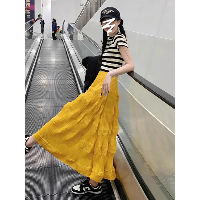 Pleats Pleated 2024 Fall New Half-body Skirt Women Loose Thin High Waist Solid Color Versatile Casual Pleated Mid-length Skirt