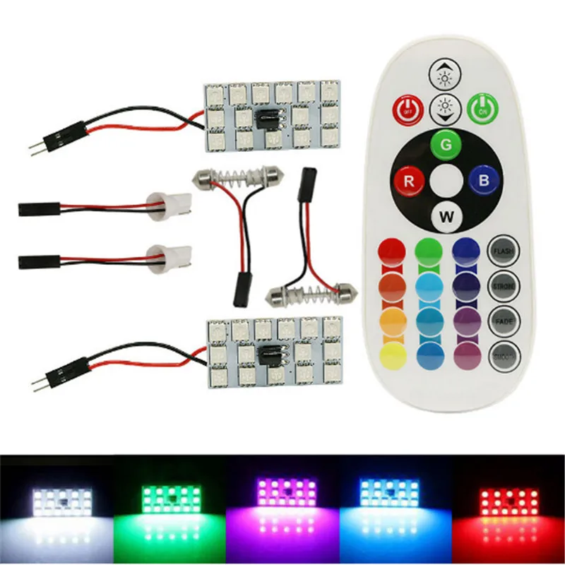 RGB T10 5050 15 SMD Remote Control Rgb Car Led panel interior Auto lights Reading Dome Festoon BA9S Adapter DC 12V