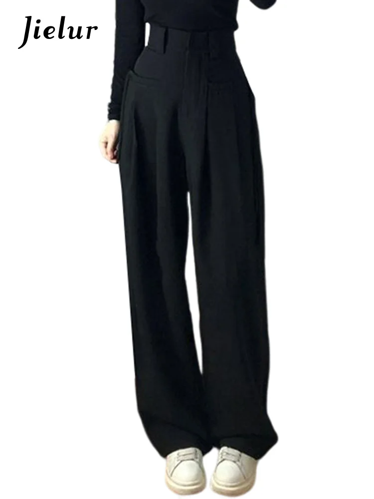 Jielur Simple Black High Waist Female Wide Leg Pants Full Length Casual Straight Solid Color Women\'s Suit Pants American Style