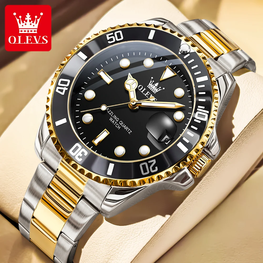 OLEVS 5885 Luxury Stainless Steel Waterproof Quartz Watch for Men Stainless Steel Calendar Luminous Mens Wristwatch Sport Reloj