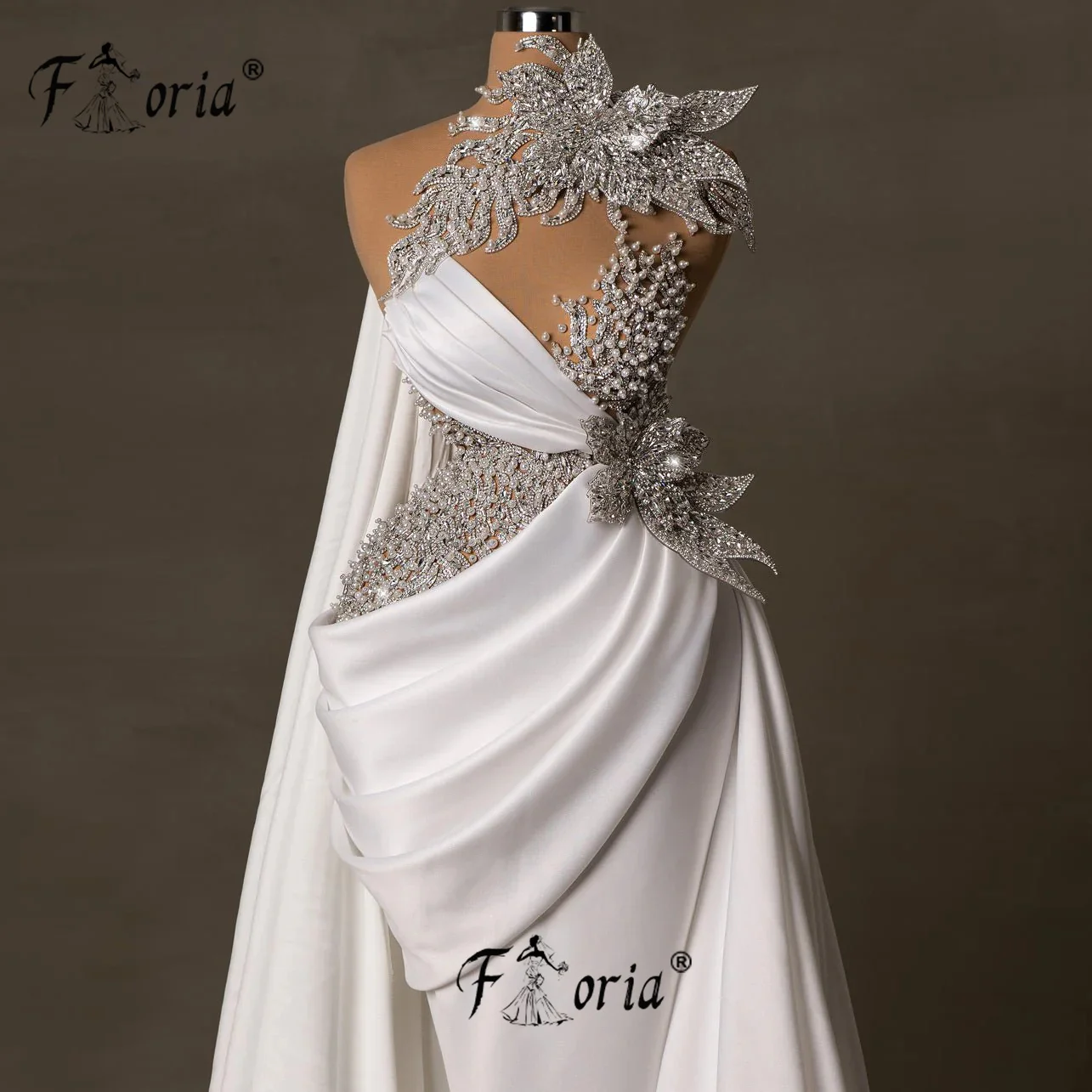 

Elegant White Mermaid Wedding Dress with Long Train Cape 3D Leaves Crystal Bridal Dresses Formal Ceremony Party Gown Vestidos