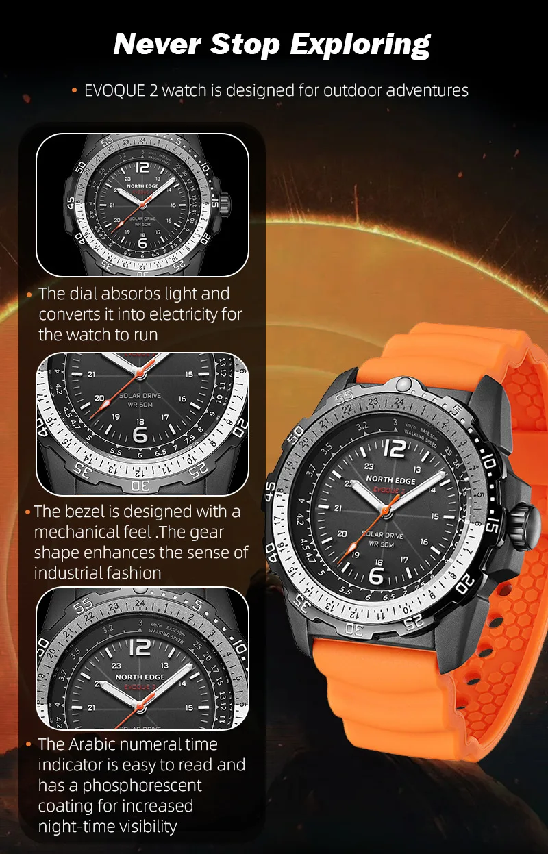 North Edge EVOQUE2 Outdoor Electronic Watch - Solar Waterproof Luminous Speed Dial for Active Lifestyle