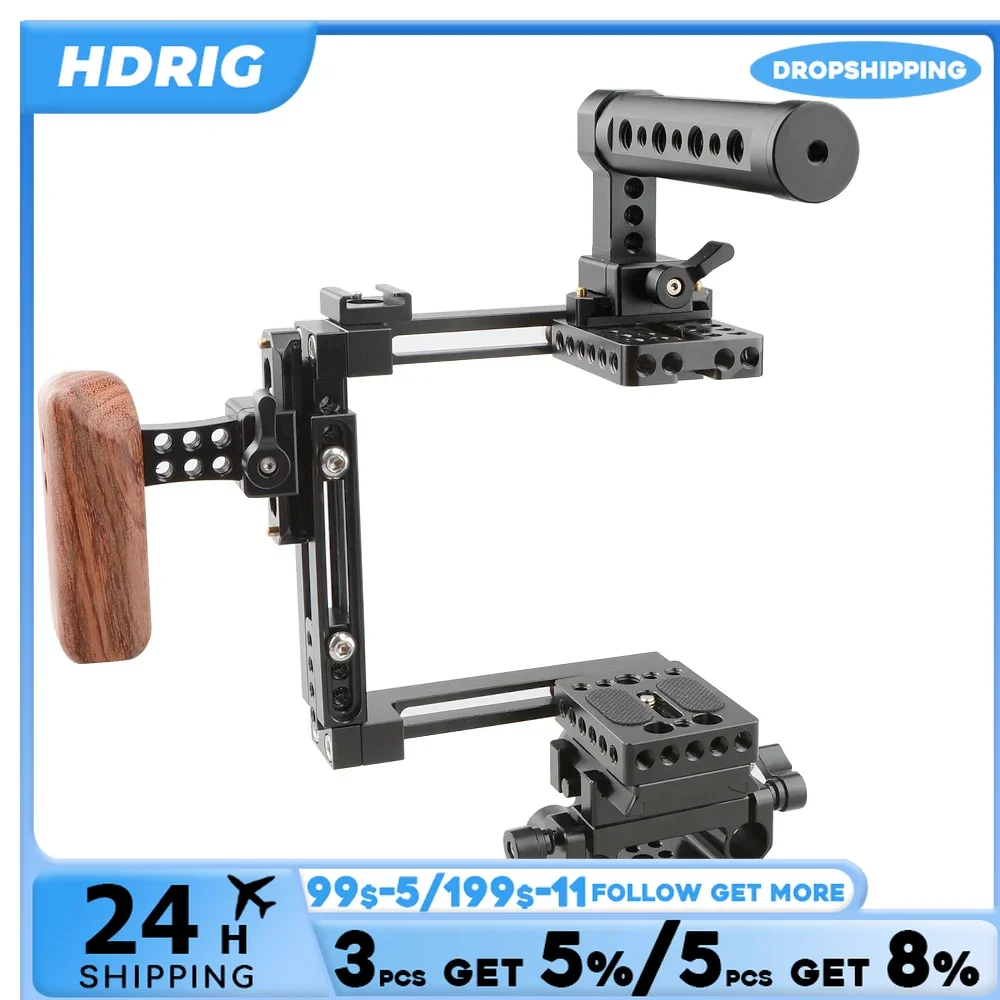 HDRIG Universal DSLR Camera Cage Dual-use Adjustable Cage Quick Release Kit With NATO Top Cheese Handle& NATO Wooden Handgrip