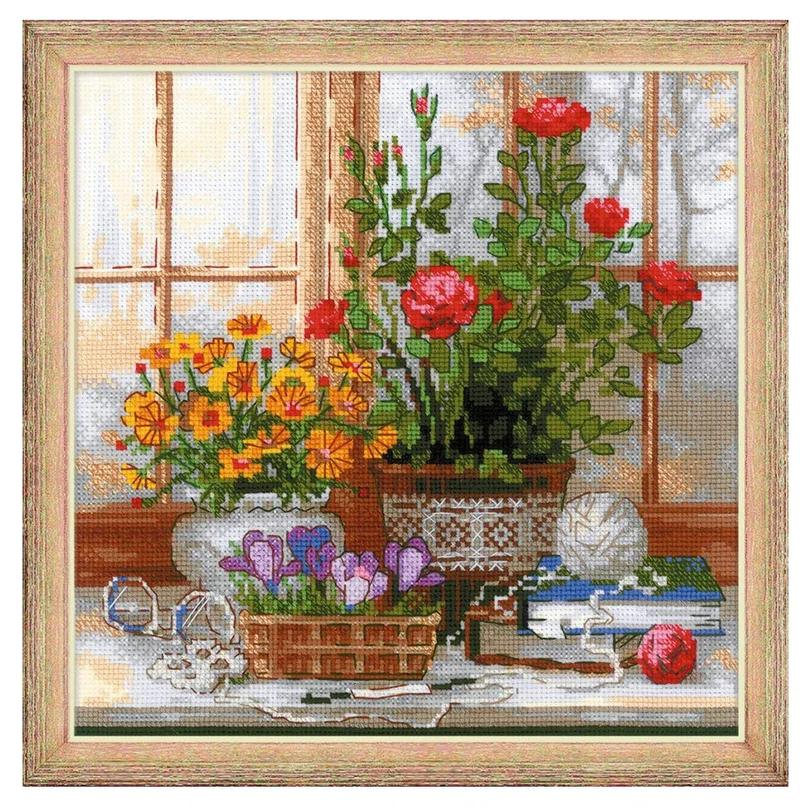 Windowsill Flowers, Amishop Counted Canvas Cross Stitch Kits, Beautiful Roses, Needlework, Embroidery, Riolis 1763