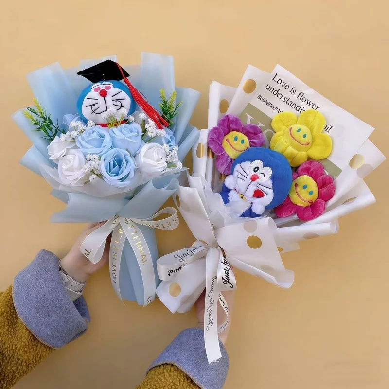 Classic Anime Genuine Doraemon Plush Dolls With Flowers Creative Bouquets Christmas Birthday Graduation Gifts