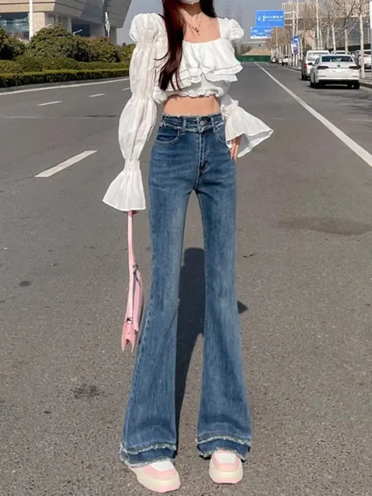 Retro Blue Fringed Denim Jeans Women's New Elastic Slimming Design Explosive Tassel Flared Pants