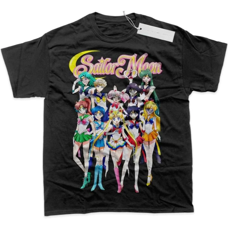 Damen-T-Shirt, Damen-Sport-T-Shirt, Damen-Kurzarm-T-Shirt, Sailor Moon-Anime-Print mit bunten weiblichen Kriegerinnen