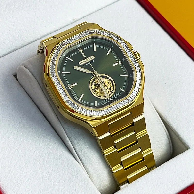 

Mige Square green dial steel mechanical watch for man movement waterproof automatic Diamond-studded bezel watches gift for men