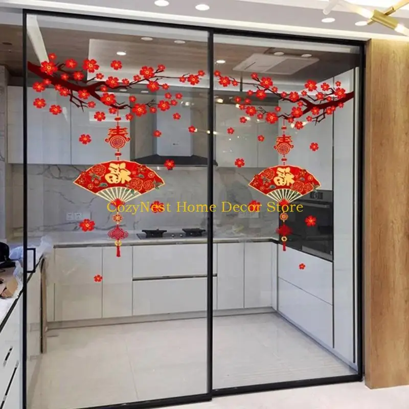 92MF Reusable Window Decoration Clings PVC Stickers for New Year Bring Happiness & Luck Offices Spring Festival Decals