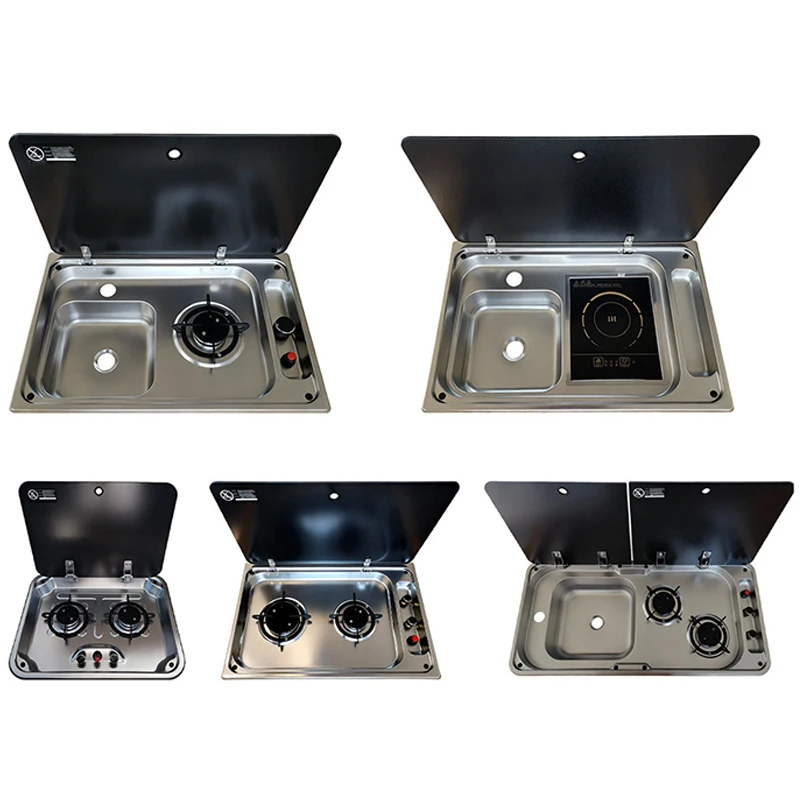 

RV Gas Stove, Two-Burner Stainless Steel Combination Sink with 2 Glass Lids, Induction Cooktop with Sink