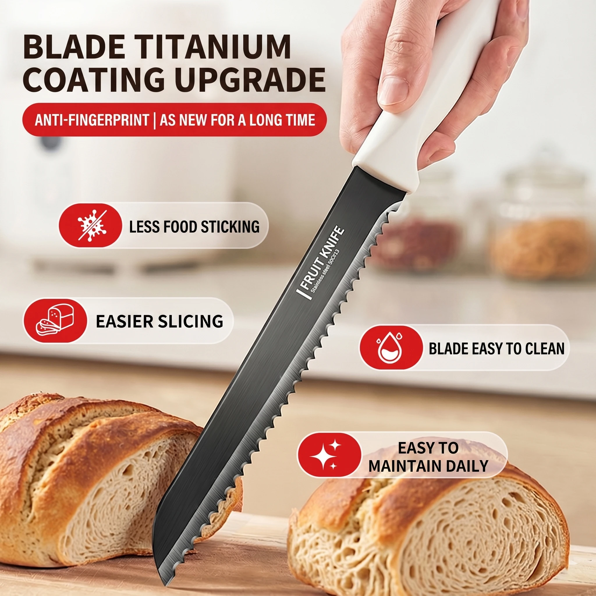 Premium Serrated Bread Knife - Titanium Coated Utility Knife for Kitchen Prep, Slicing Watermelon, Baguette & Cake