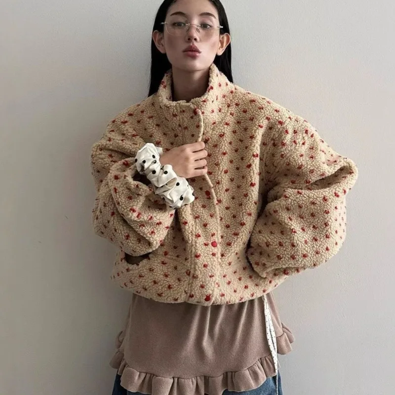 Korean Winter Standing Collar Heart-shaped Polka Dot Long Sleeved Warm Lamb Wool Retro Zipper Plush Cotton Coat