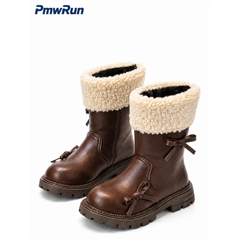 PU Leather Winter Snow Boots For Children Calf Length Thick Warm Padded Cotton Shoes Anti-slippery Faux Fur Plush Footwear