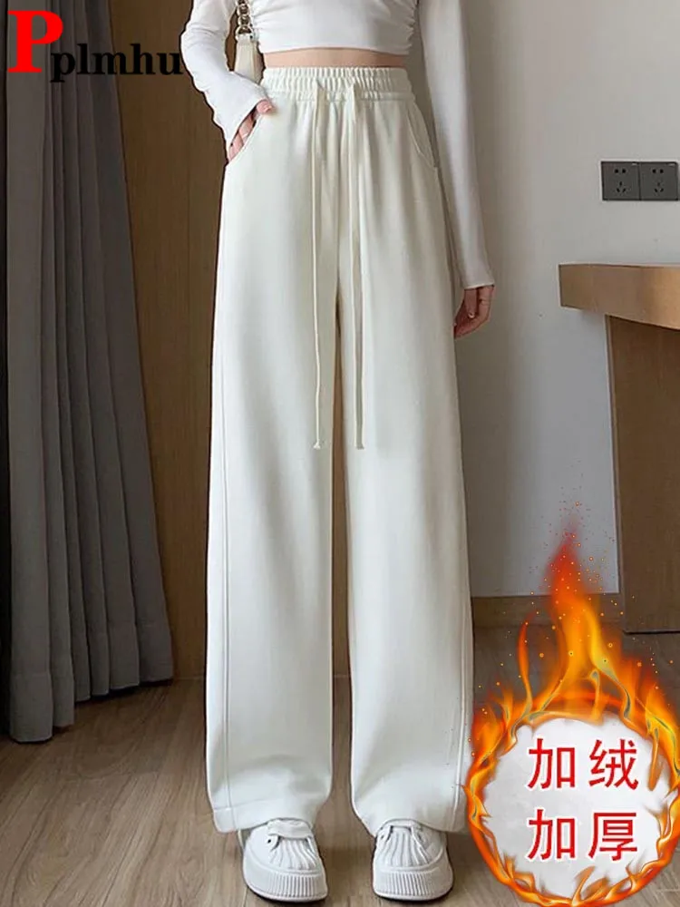 

Women Thicken Loose Wide Leg Pants Winter Warm Elastic High Waist Baggy Velvet Lined Straight Pantalones Casual Snow Wear Calca