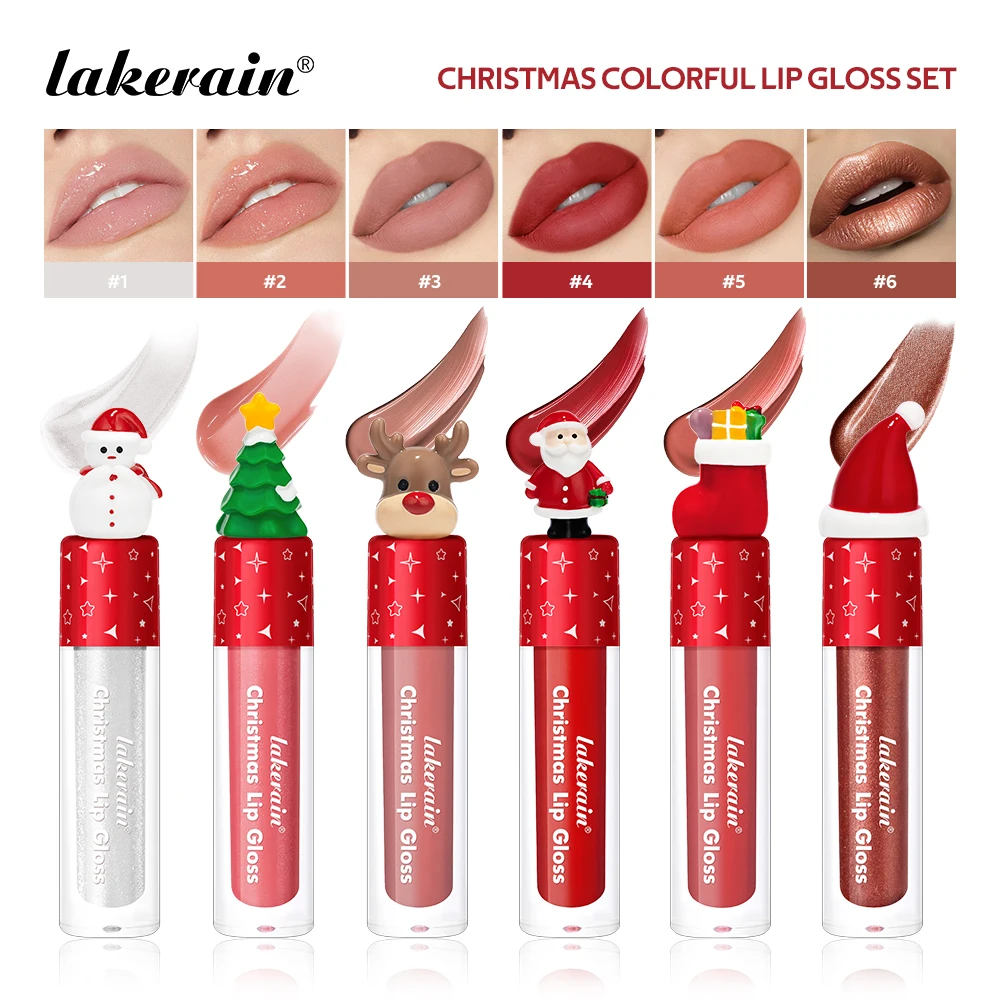 Lakerain 6 peças de veludo fosco pura pérola brilho hidratante brilho labial férias cor labial natal conjunto de brilho labial vermelho